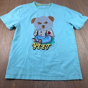 BKYS YEET Bear Graphic Men's T-Shirt Teal Blue Short Sleeve Cotton Blend Size S